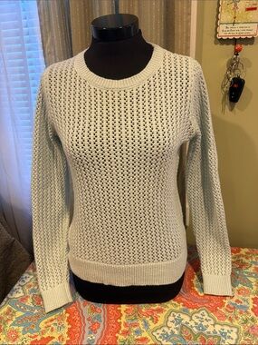 LOFT Light Blue Open-Stitch Crewneck Sweater